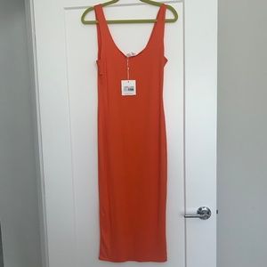 Orange Scoop Neck Bodycon Midi Dress